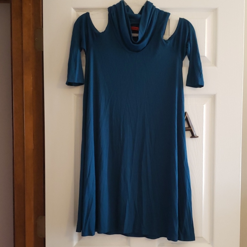 Hot Kiss teal open shoulder turtle neck dress